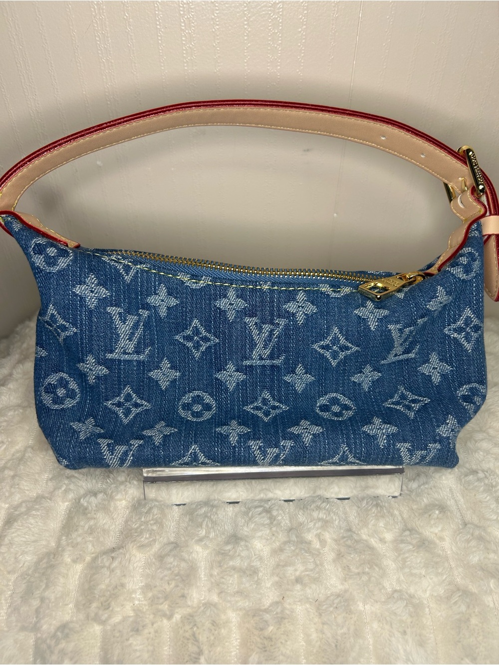 Source Unknown Denim Monogram Shoulder Bag with Red Leather Trim